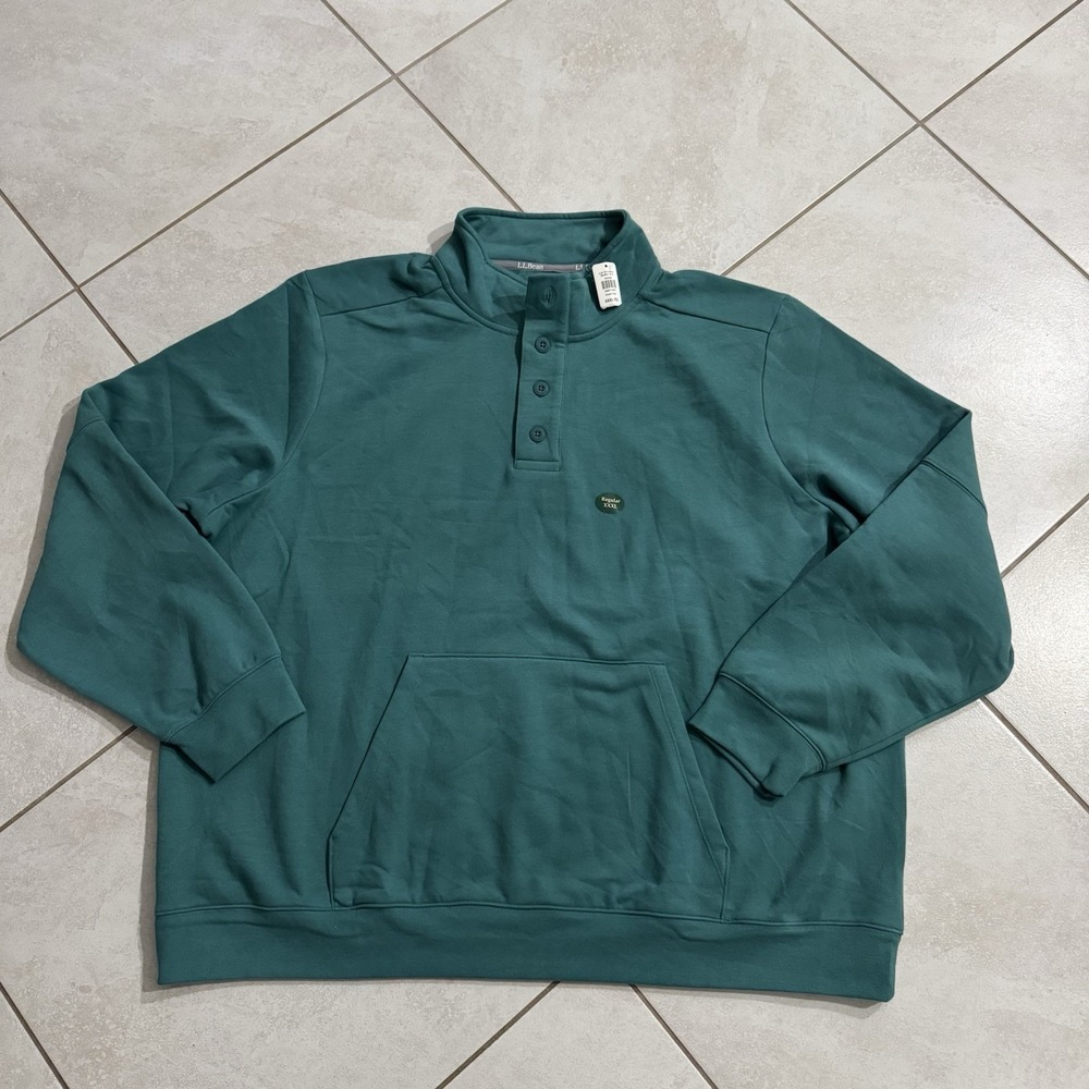 LL Bean Sweatshirt Mens 3XL Green Button Mock Neck Pullover Fleece Outdoor NWT‎